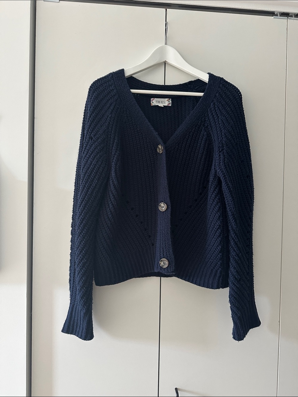 Pink Rose Navy Cable Knit Button-Front Cardigan